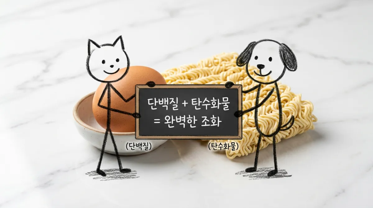 생계란과 라면 면발 옆에서 단백질과 탄수화물의 완벽한 조화를 설명하는 칠판을 든 캐릭터 일러스트