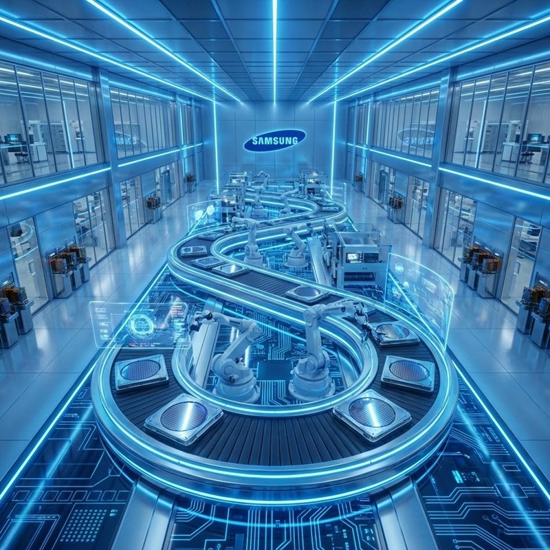 삼성전자 반도체 공장과 첨단 기술을 표현한 3D 이미지