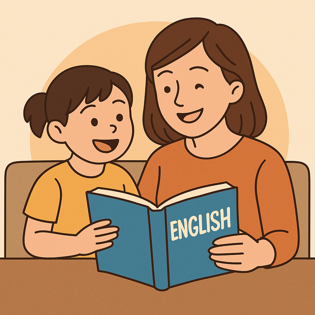 거실에서 영어 동화책을 함께 읽으며 웃고 있는 엄마와 아이
