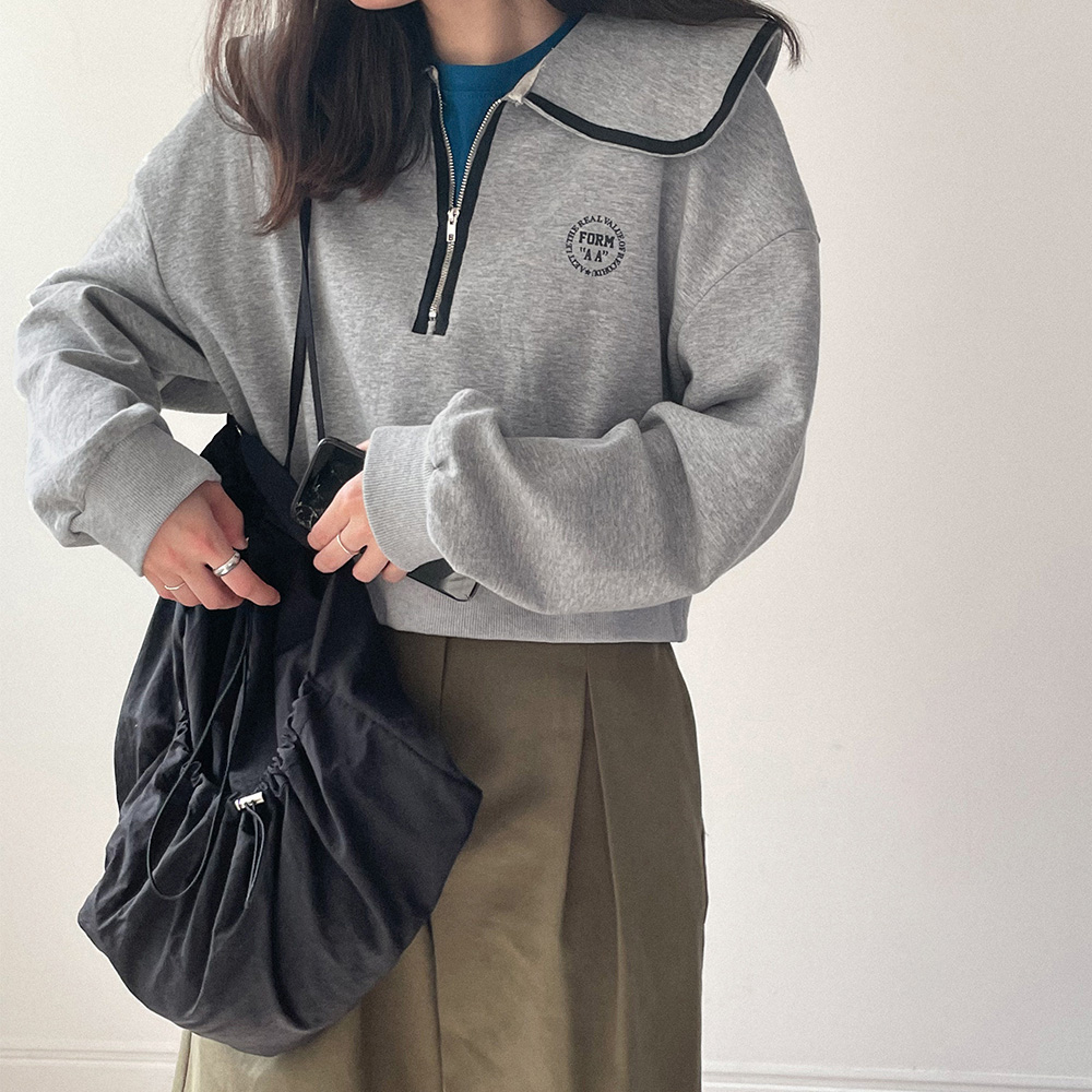 배색 세일러 빅카라 반집업 맨투맨 카라 크롭 맨투맨 오트밀 그레이 블랙