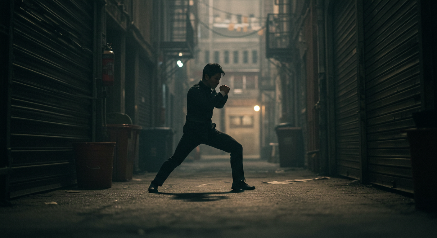 어두운 조명과 역동적인 포즈, 액션 영화 스타일
