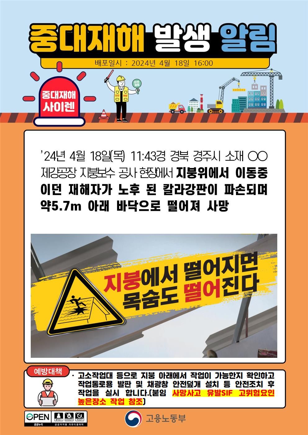 지붕위에서 이동 중 칼라강판이 파손되며 떨어짐(5.7m)