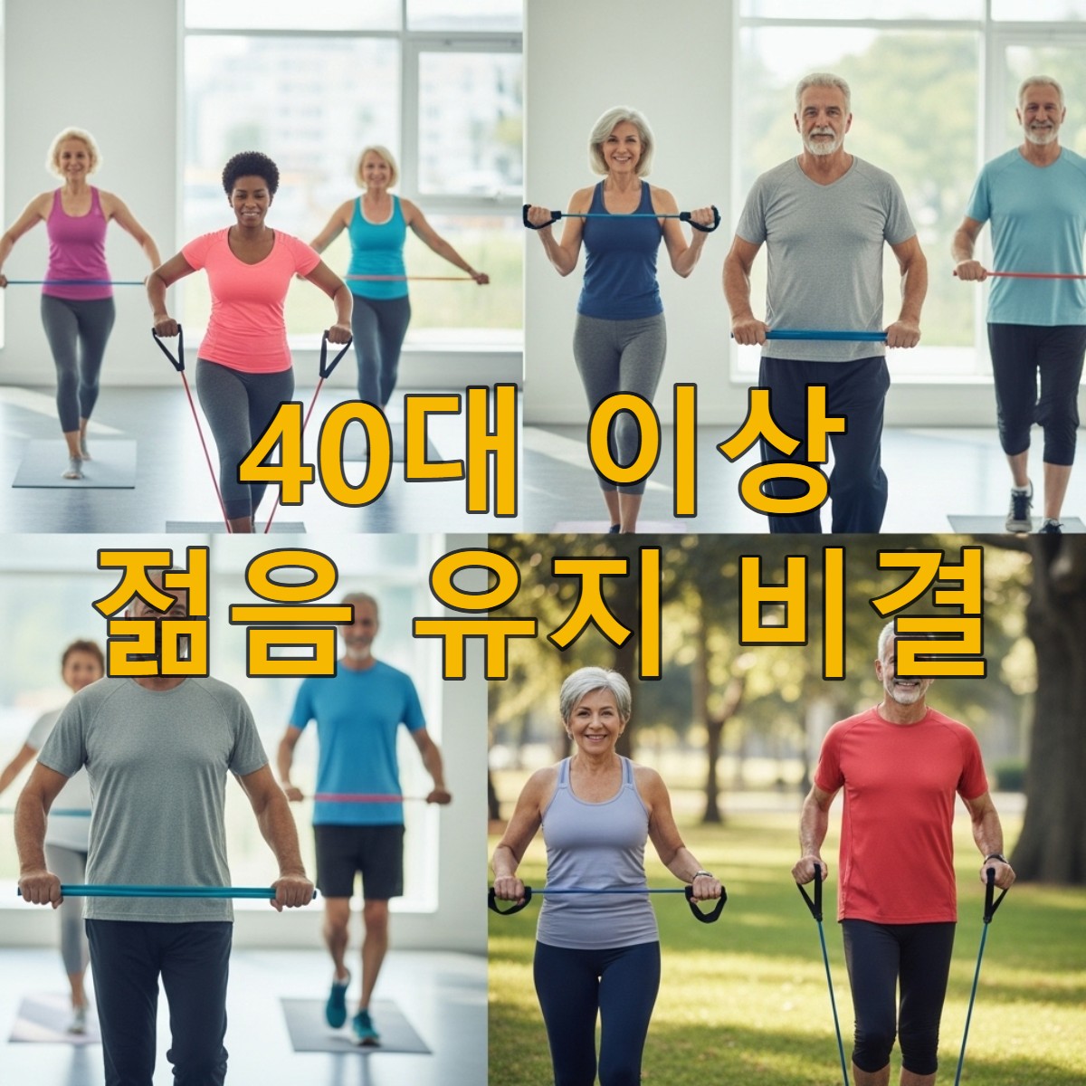 40대 이상 중년 남녀들이 활기찬 표정으로 요가, 근력, 유산소 운동을 하며 건강하고 젊은 삶을 즐기는 모습