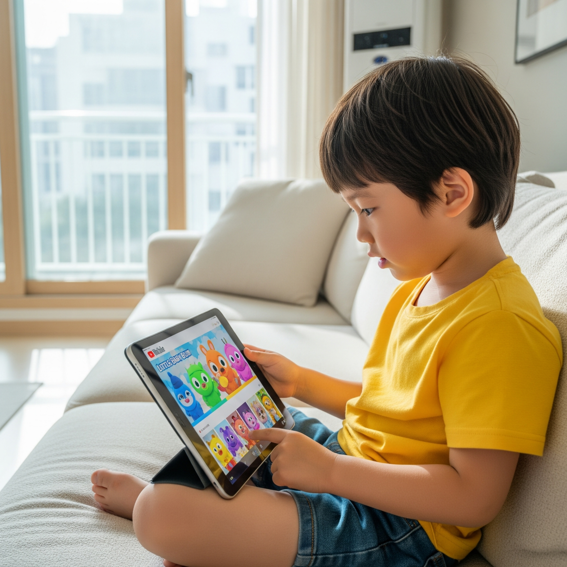 유튜브로 리틀 베이비 범을 보고 있는 아이