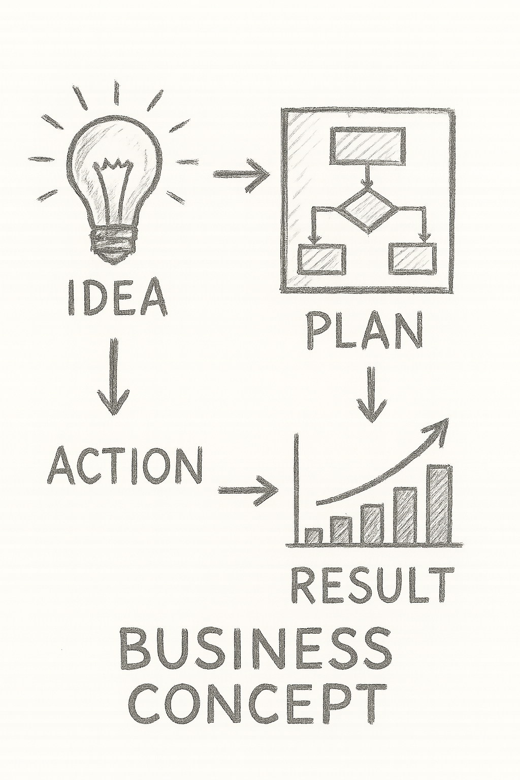 비즈니스 컨셉의 손그림 스타일 프로세스 다이어그램, 연필 드로잉 느낌, 깨끗한 배경