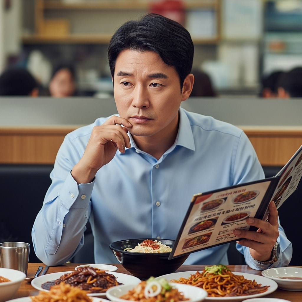 여러 음식이 차려진 식당 테이블에서 한 40대 한국인 남성이 메뉴판을 보며 깊은 고민에 빠진 모습