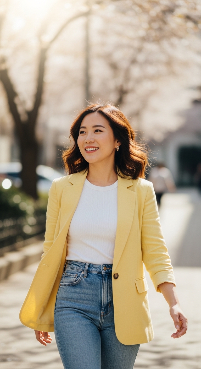 봄 햇살 아래 환하게 웃으며 자신감 있게 걷고 있는 여성의 전신 샷