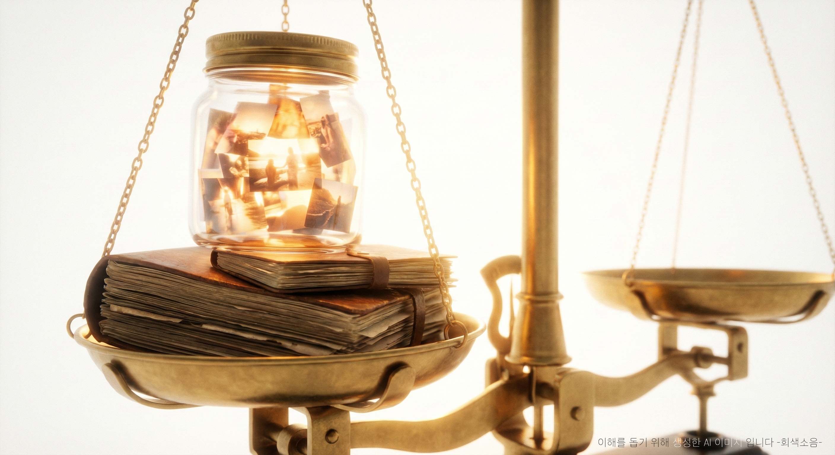 카르마의 무게 : 밝은 백색 공간에서 금빛 저울 한쪽에 기억이 담긴 유리병과 삶의 기록을 상징하는 서류 더미가 놓여, 부드러운 역광 속에 흔들리는 심판의 순간을 그린 클로즈업 장면.