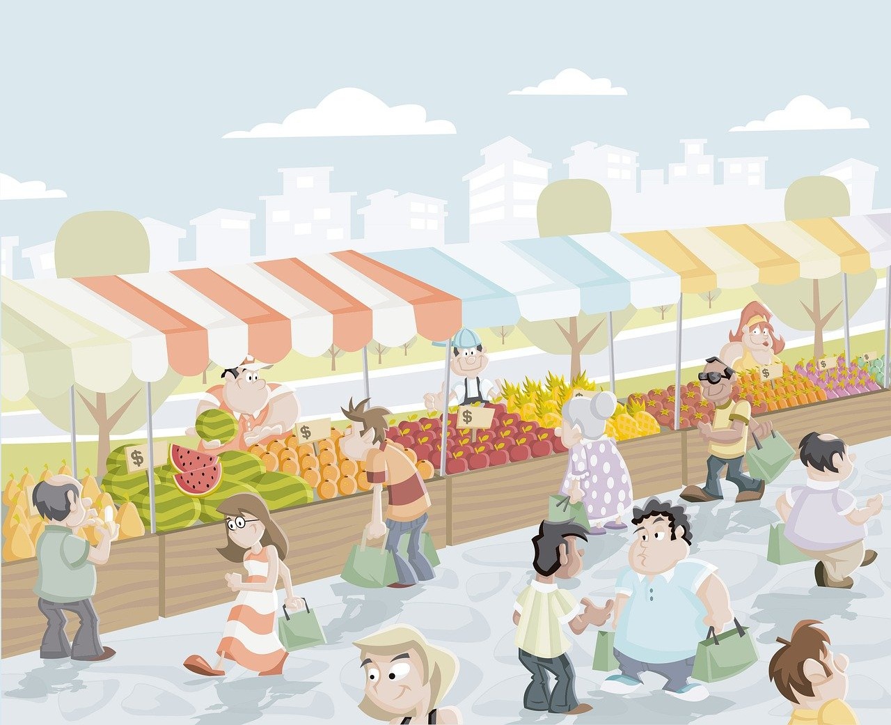 다양한 사람들이 과일 가판대가 늘어선 노천 시장에서 장을 보고 있는 활기찬 풍경을 묘사한 일러스트입니다.