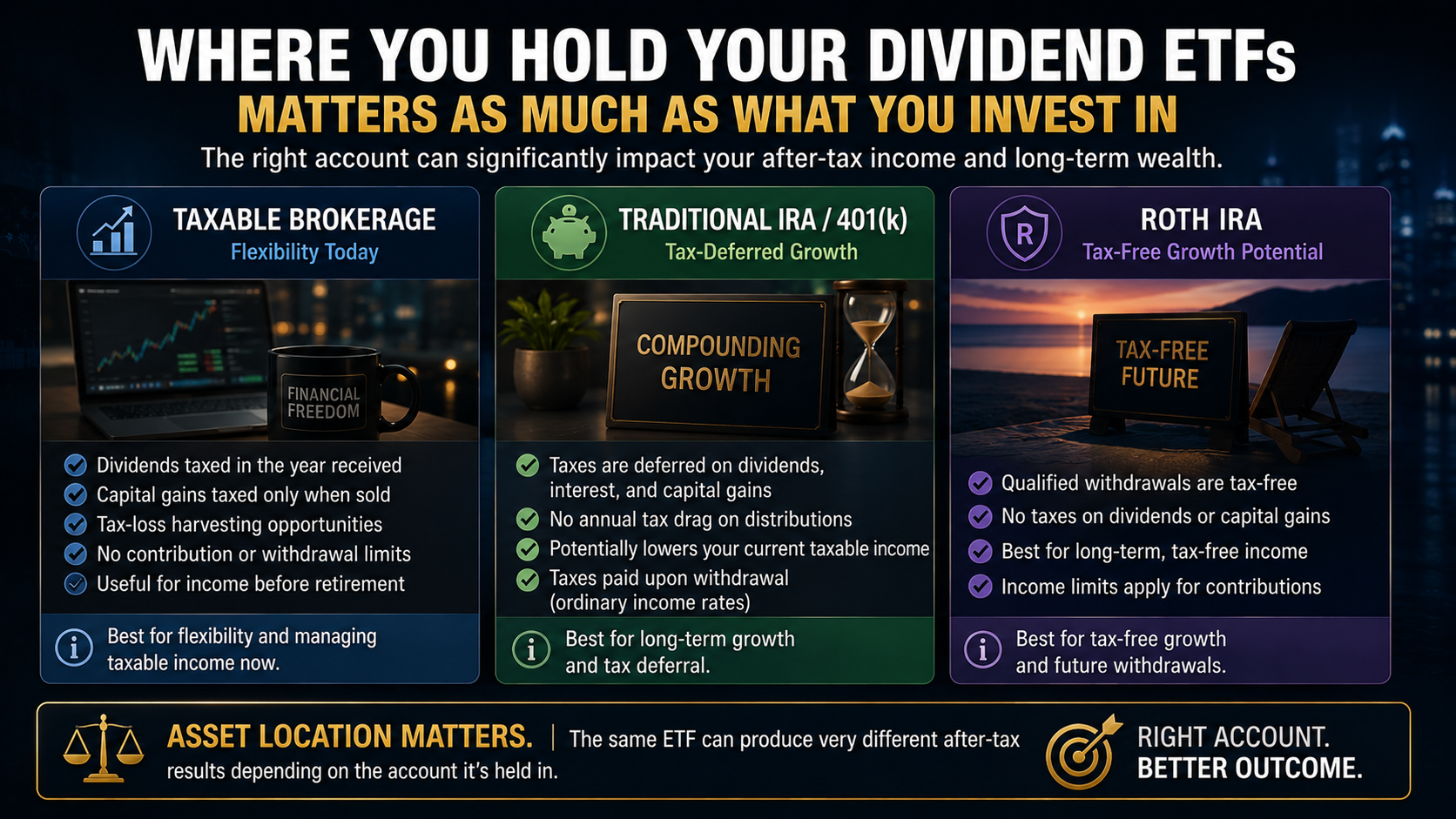 Comparison of taxable brokerage, Traditional IRA, 401k, and Roth IRA accounts for tax-efficient dividend ETF investing