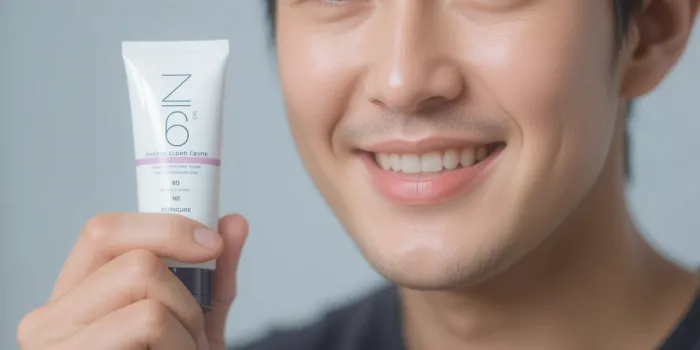 미소 지으며 마데카 크림을 들고 있는 장면