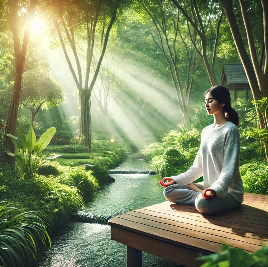 웰니스 라이프에 어울리는 명상하는 모습, 자연 속에서 평온한 분위기를 느낄 수 있는 장면