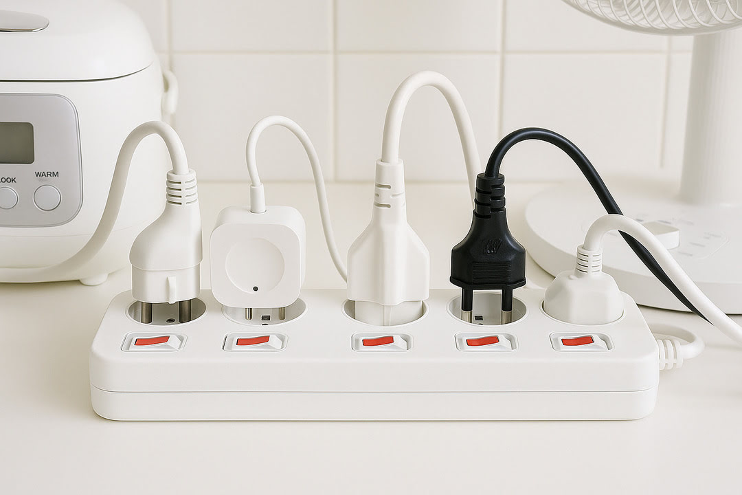 부엌싱크대위에압력밥솥과전기코드다섯개가꽂혀있는멀티탭사진