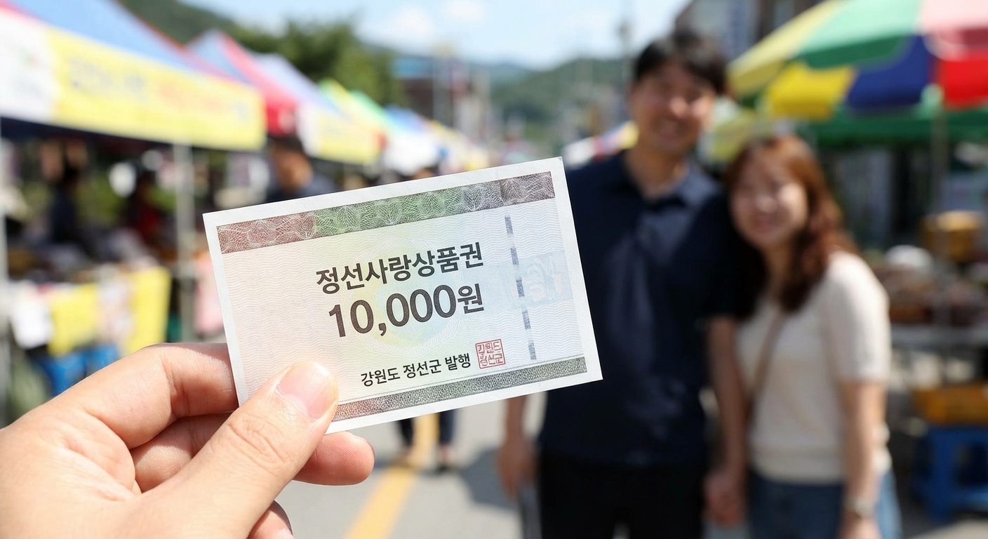 손에 들린 '정선사랑상품권' 이미지, 결혼 지원금이 지역화폐로 지급됨을 보여줌.