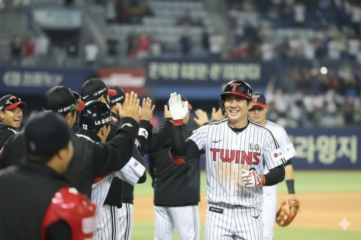 LG 트윈스 선수들이 홈런 후 세리머니 하는 모습