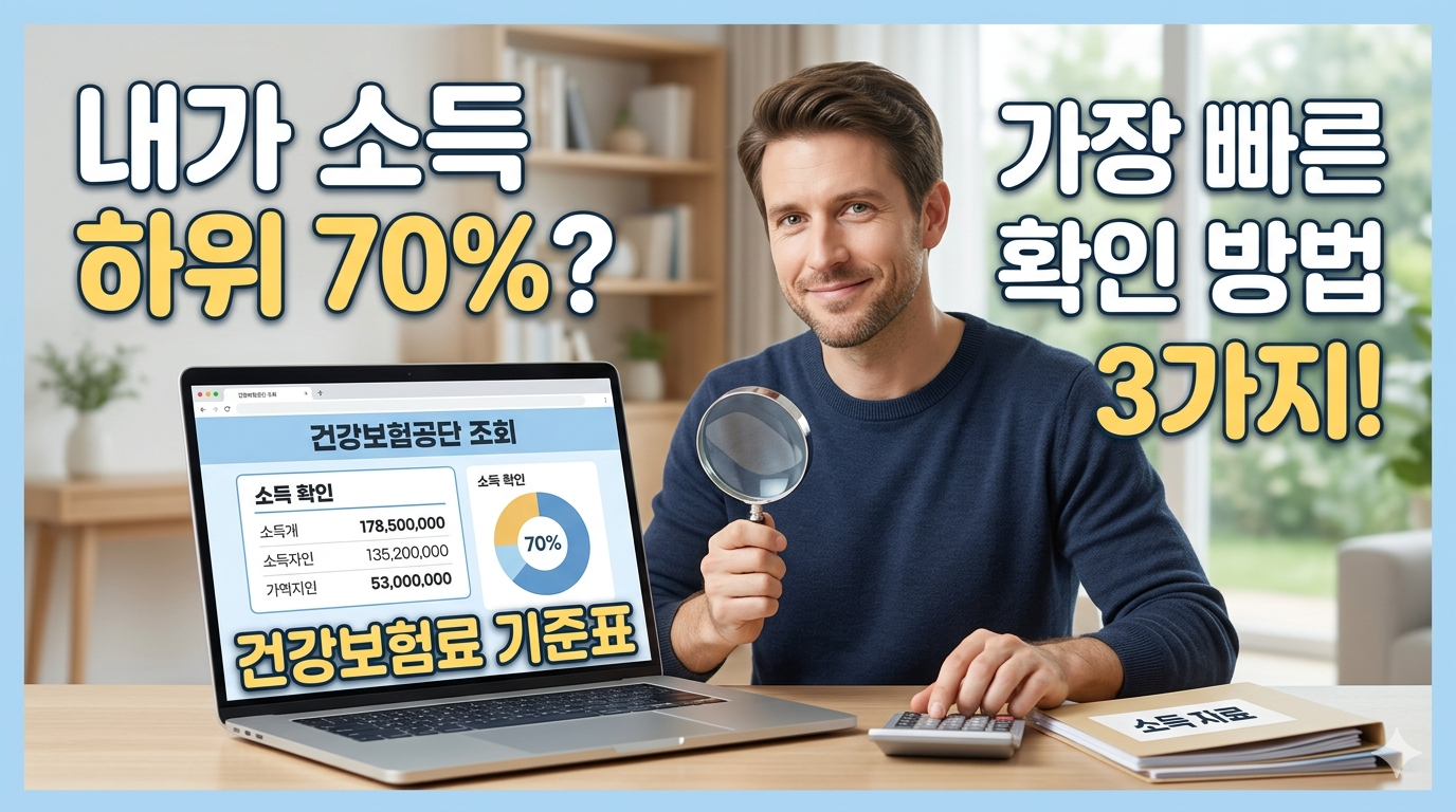 노트북 화면에 건강보험료 조회 화면이 떠 있고, 그 앞에 돋보기와 계산기가 놓여 있는 모습으로 소득 하위 70% 확인 방법을 직관적으로 표현한 이미지
