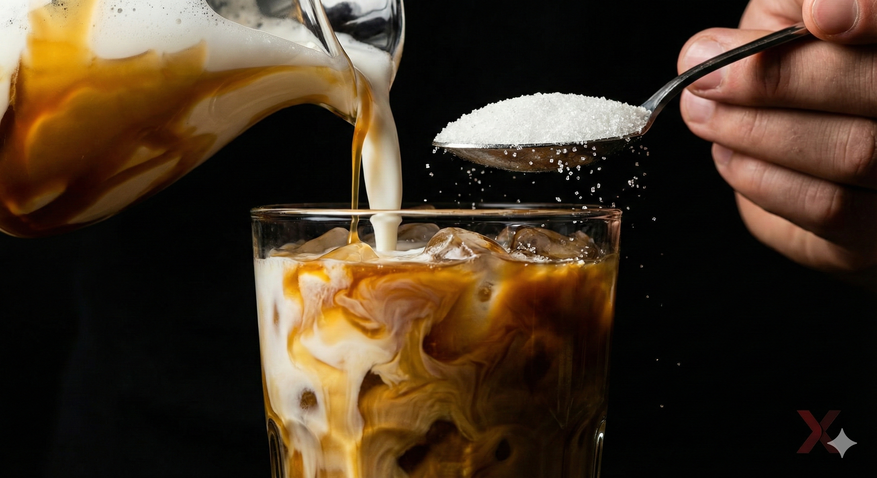 간헐적 단식 중 피해야 할 캐러멜 시럽 라떼와 설탕 스푼 (공복 깨짐 금지 X 표시)