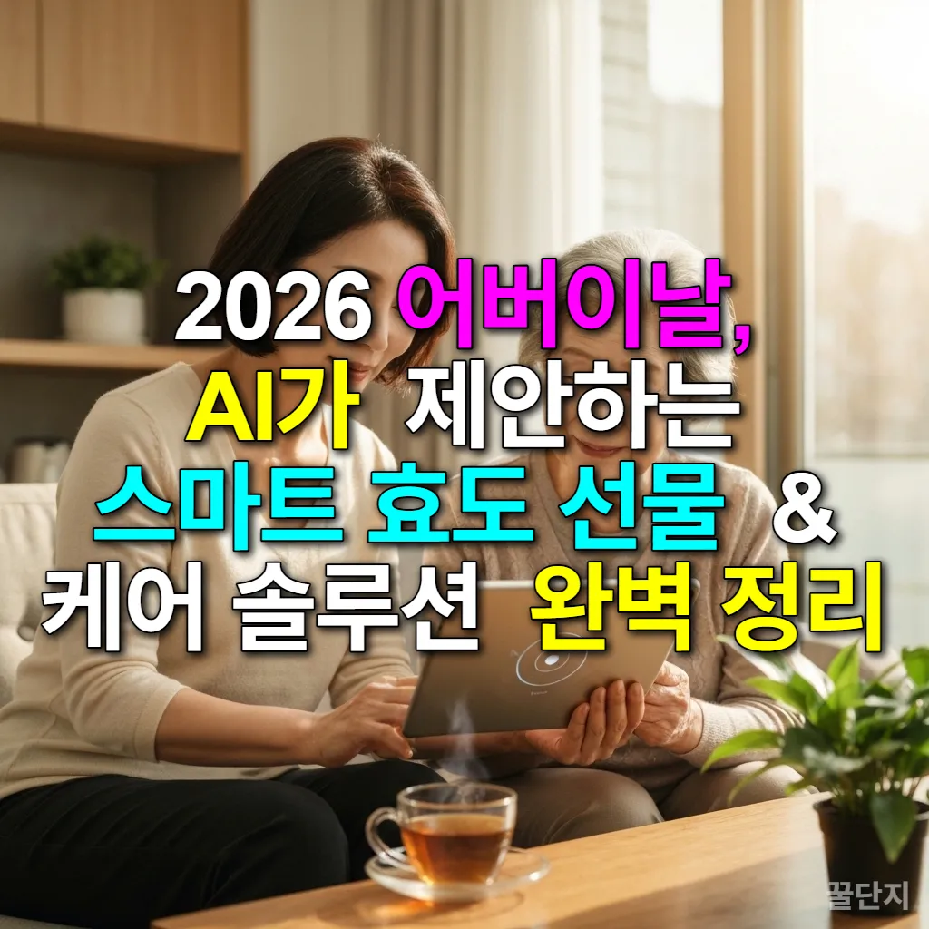 딸이 부모님 댁 거실에서 어머니에게 태블릿의 스마트 케어 앱 사용법을 친절하게 알려주는 모습