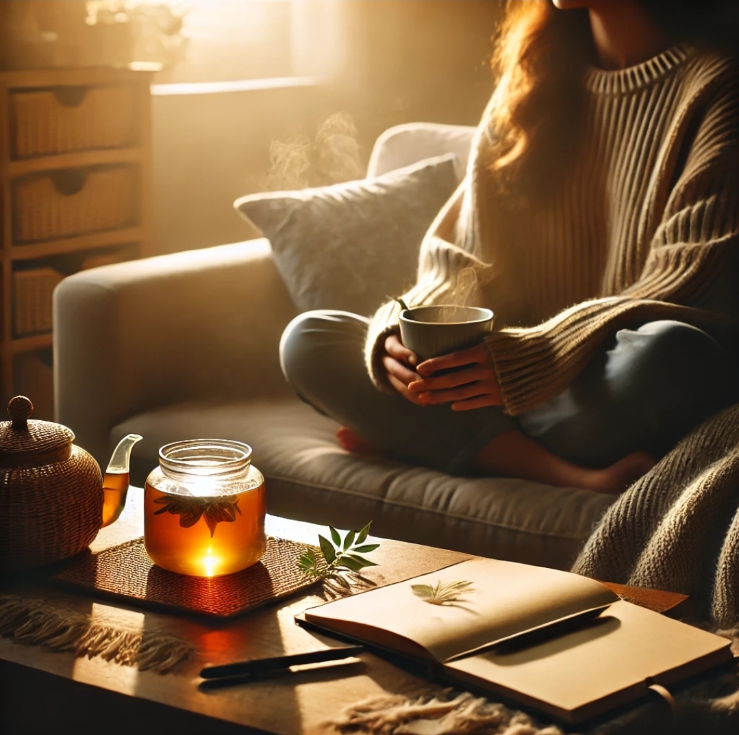 차를 마시며 편안한 시간을 보내는 장면으로, 스트레스 해소법과 잘 어울리는 이미지