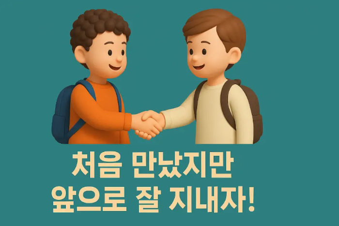 친구-새학기-인사말-학생-2명