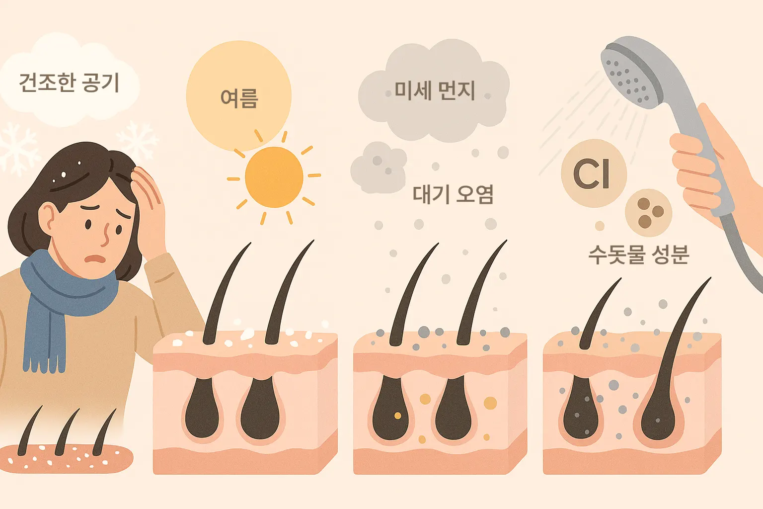 겨울철 건조한 공기와 난방으로 하얗게 떨어지는 건성 비듬, 여름철 땀과 피지로 끈적거리는 두피, 미세먼지·대기오염 입자가 모발과 두피에 쌓인 모습, 수돗물 속 염소와 중금속