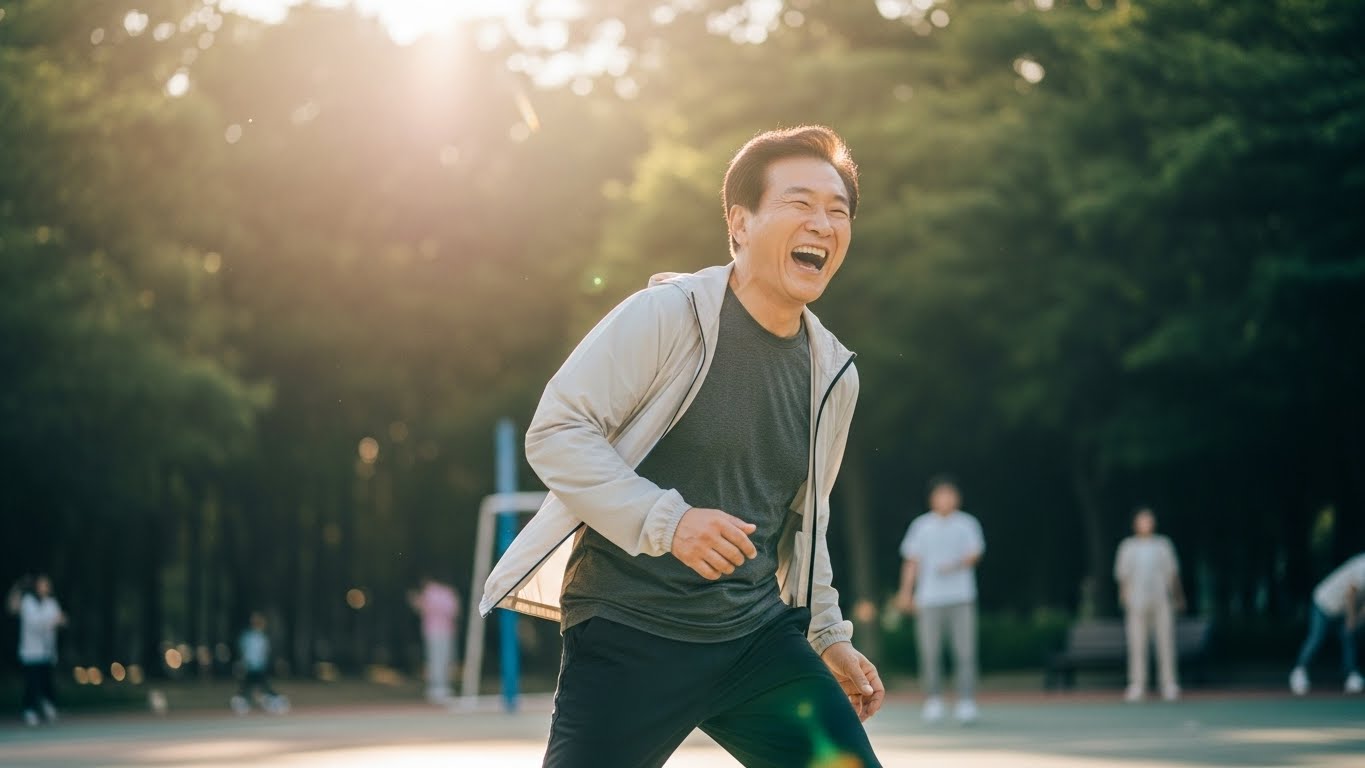 바이오해킹 시스템의 결과로 60대에도 최상의 신체 기능을 유지하는 성공적인 미래 모습