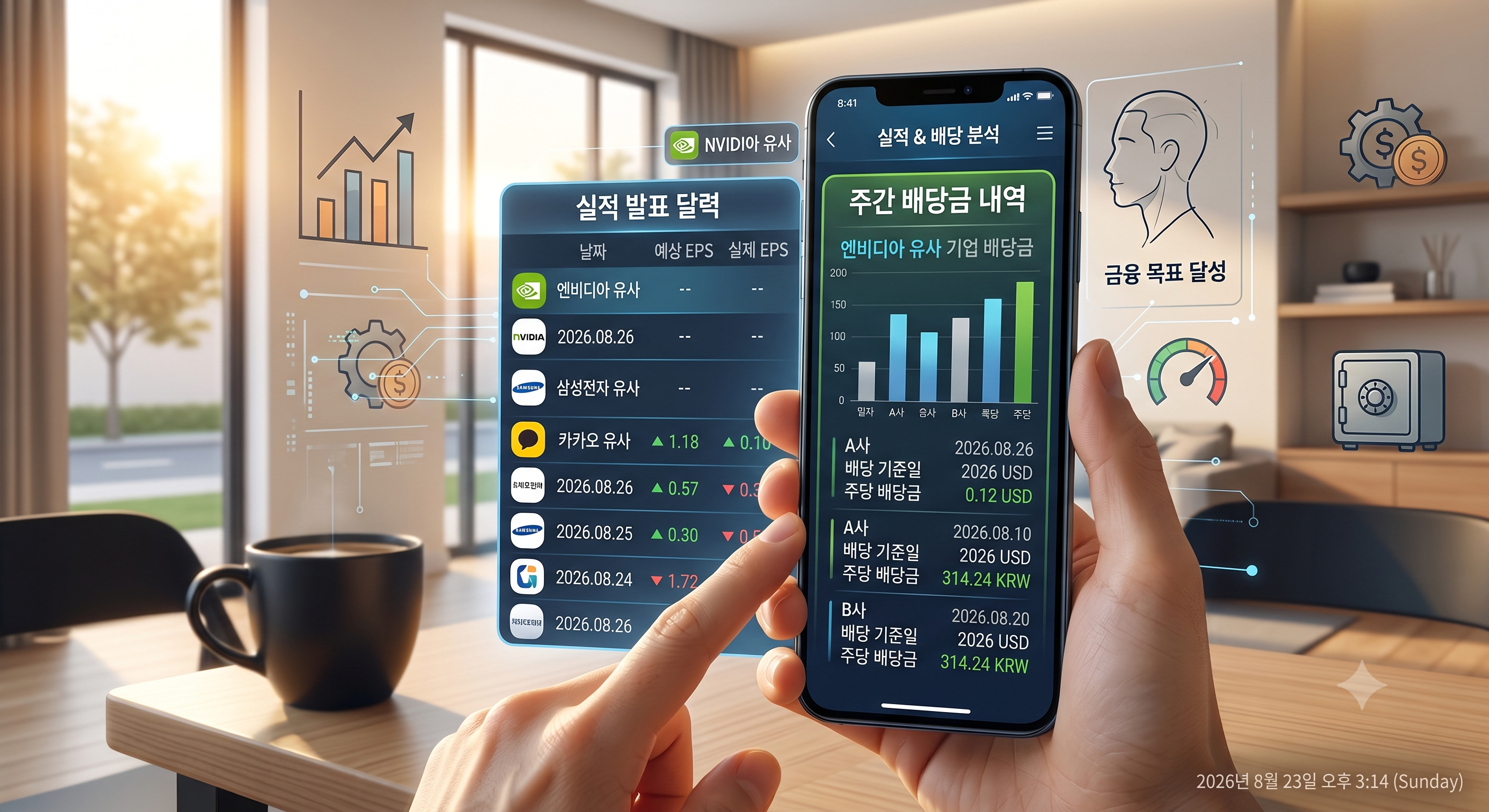 일요일 아침 스마트폰으로 엔비디아 실적 발표 캘린더와 NVDY 배당 내역을 함께 확인하는 손 클로즈업, 하이테크 금융 그래픽