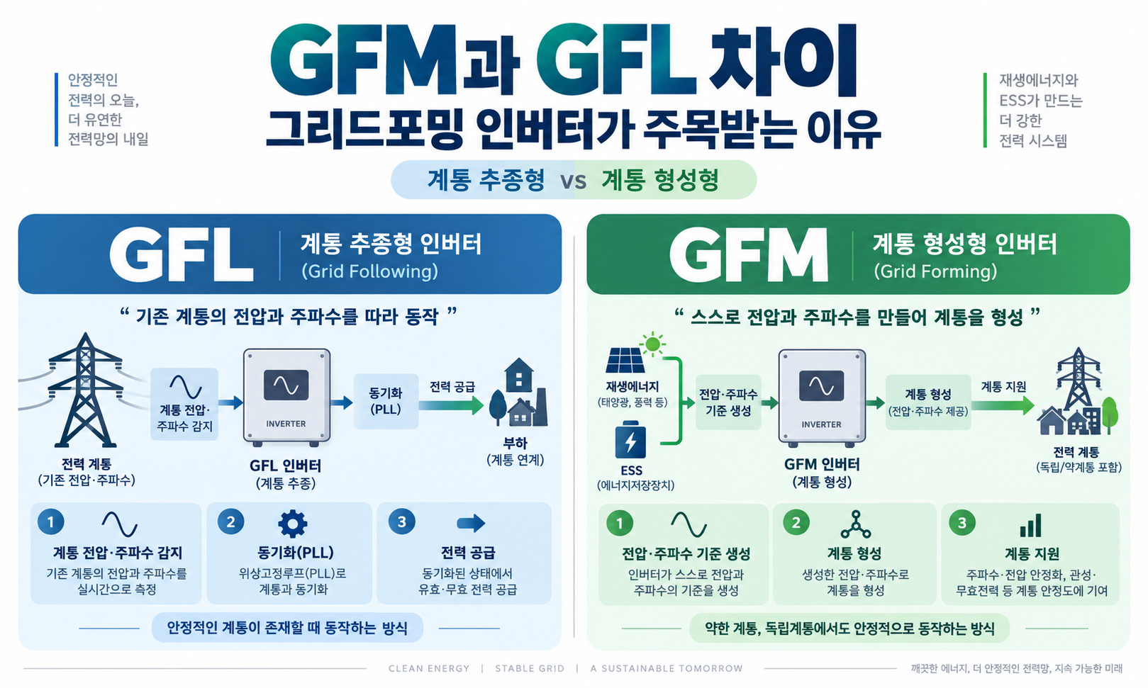 GFM과 GFL 차이를 계통 추종형과 계통 형성형으로 비교한 인버터 인포그래픽