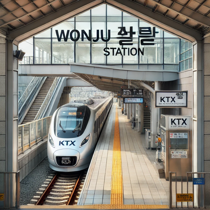 원주역 외부 전경과 대기 중인 KTX 열차