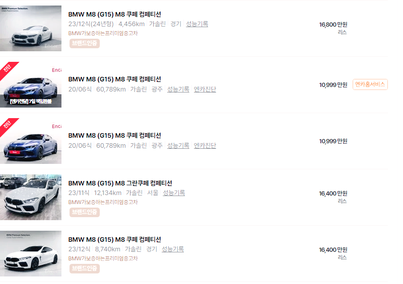 BMW M8 중고차 가격 시세표 고속 시내 연비