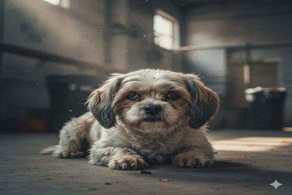 낡고 텅 빈 실내 공간에 홀로 앉아 있는 작고 늙은 강아지. 축 늘어진 귀와 슬픔이 어린 눈빛이 빛줄기 속 먼지 사이로 더욱 쓸쓸해 보인다.