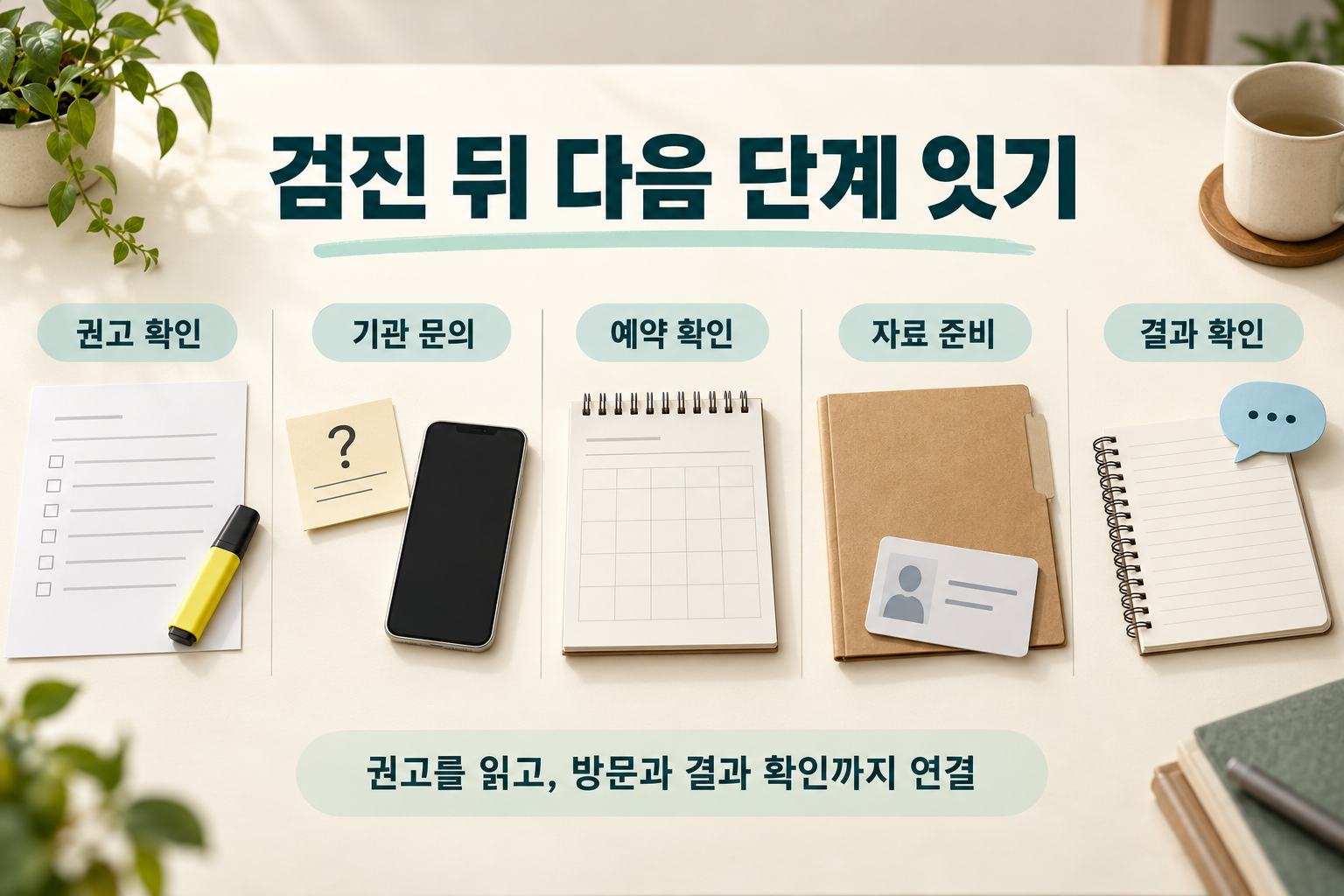 검진 후 문의와 방문 준비, 결과 확인의 흐름을 보여 준 구성