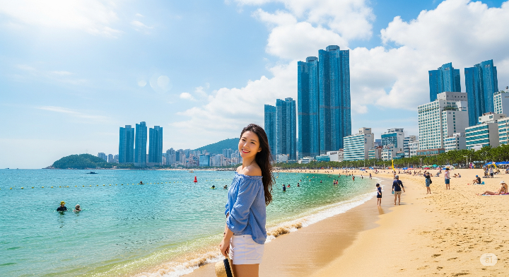 해운대 해수욕장을 배경으로, 시원한 바닷바람을 맞으며 미소 짓고 있는 20대 여성. 뒤로는 푸른 바다와 고층 건물들이 보인다.