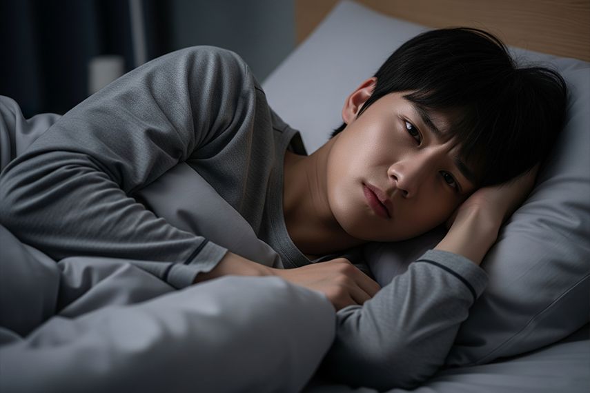 밤에 잠들지 못하고 침대에 누워 수면 시간을 고민하는 남성의 모습