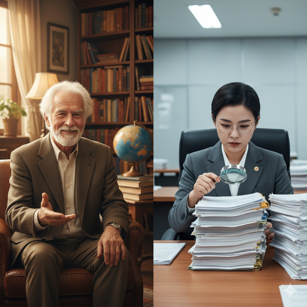 구글(교수님)과 네이버(깐깐한 행정관)의 대조적인 모습을 시각적으로 표현한 이미지