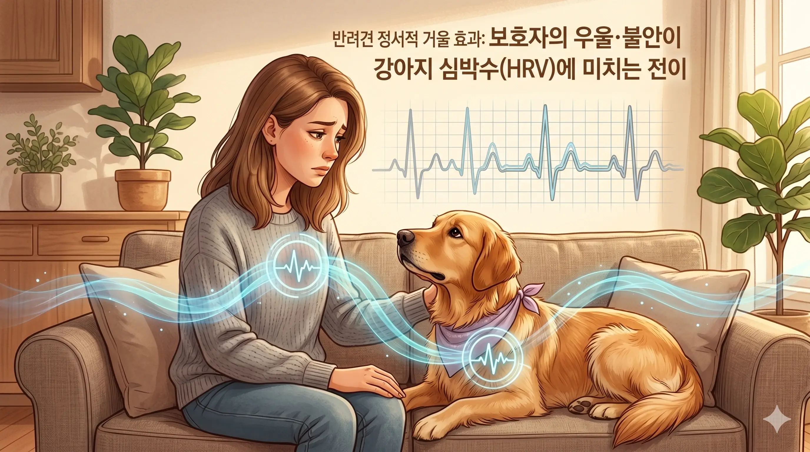 보호자의 감정 상태가 반려견에게 전이되는 '정서적 거울 효과'를 시각화한 일러스트
