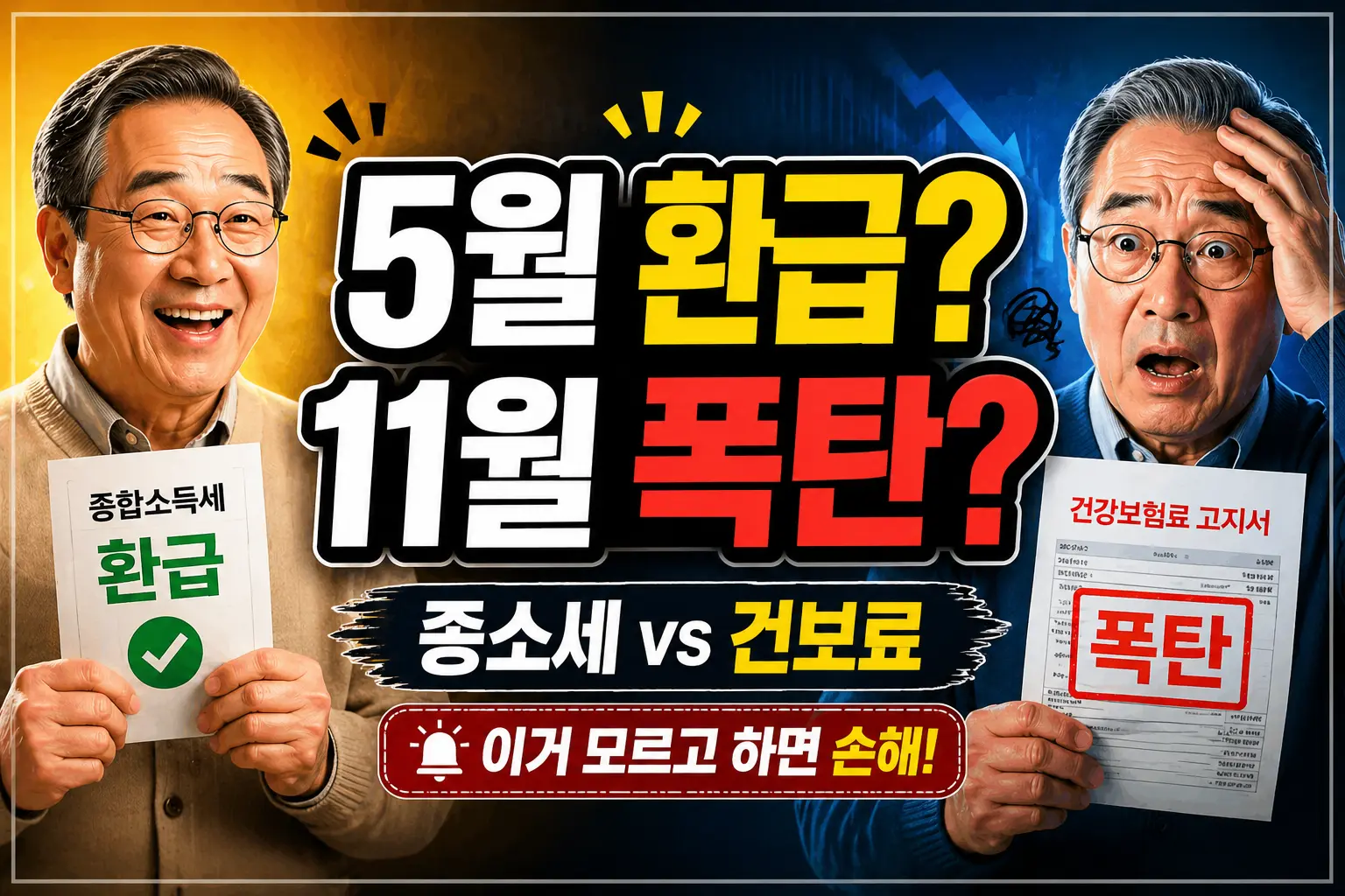 5월 종합소득세 환급과 11월 건강보험료 폭탄의 대비를 보여주는 썸네일. 화면 왼쪽은 밝은 조명 아래 5060 남성이 안도하며 웃는 표정으로 '세금 환급' 서류를 들고 있고 상단에 '5월 환급?' 문구가 적혀 있습니다. 오른쪽은 푸르고 어두운 조명 아래 같은 남성이 충격받은 표정으로 '건강보험료 청구서'를 들고 있으며 '11월 폭탄?' 문구가 있습니다. 하단에는 '종소세 vs 건보료' 텍스트가 강조되어 은퇴자의 세금 신고 나비효과를 경고합니다.