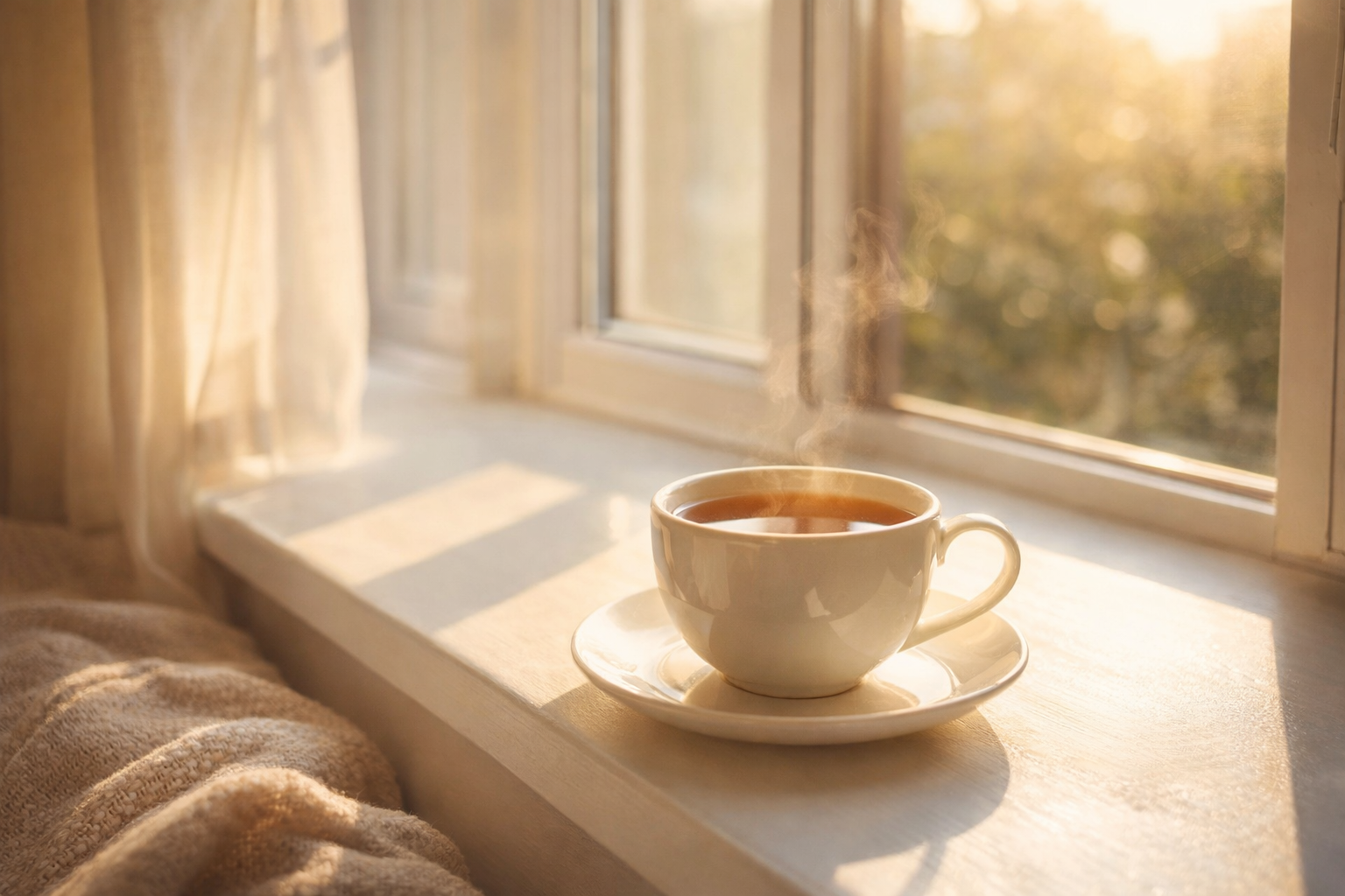 햇살 비치는 창가에 놓인 사과와 따뜻한 차 한 잔이 있는 감성적인 사진