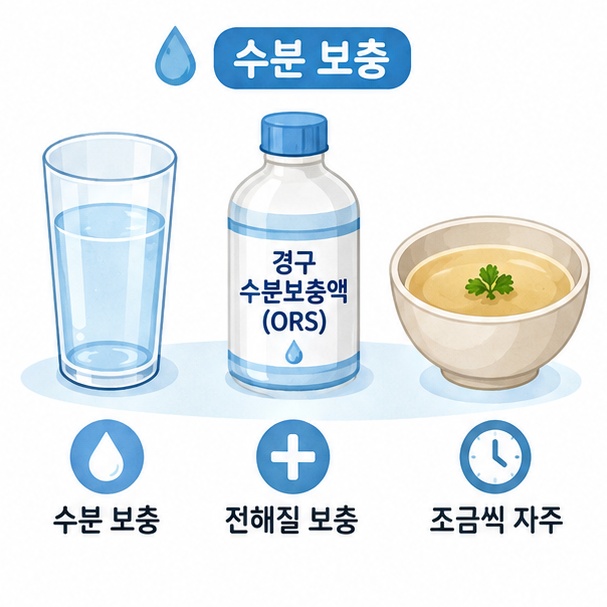 설사로 잃은 수분과 전해질을 물과 경구수분보충용액, 맑은 국물로 보충하는 모습을 보여주는 그림