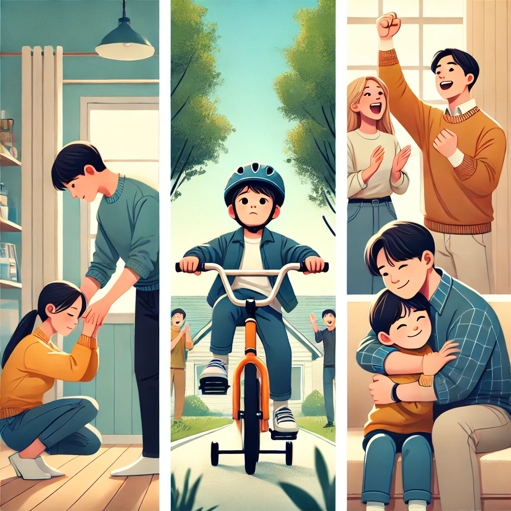가족이 집에서 자전거를 시도하는 아이를 응원하는 장면. 부모는 아이 곁에 서서 따뜻하게 격려하며 아이에게 용기를 북돋아줌.