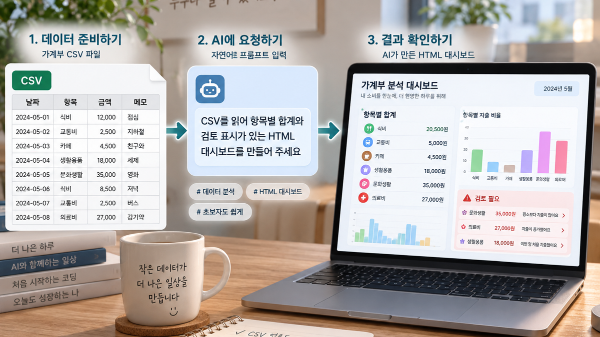 CSV 입력에서 AI 프롬프트를 거쳐 단일 HTML 대시보드 결과로 이어지는 바이브코딩 흐름