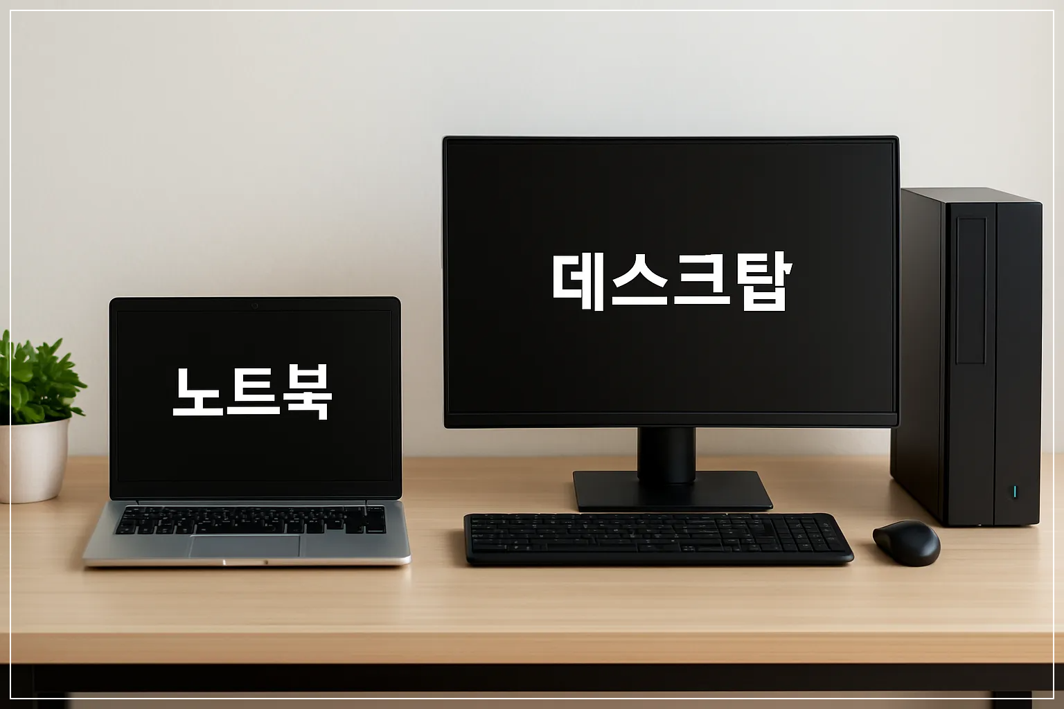 하나의 책상 위에서 나란히 배치된 노트북과 데스크탑