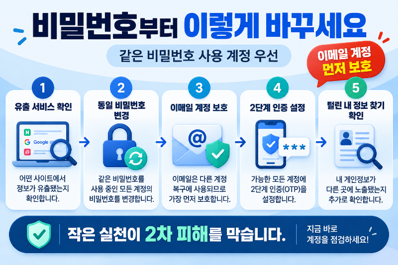 개인정보 유출 후 같은 비밀번호를 사용한 계정과 이메일 계정을 우선 변경하는 순서