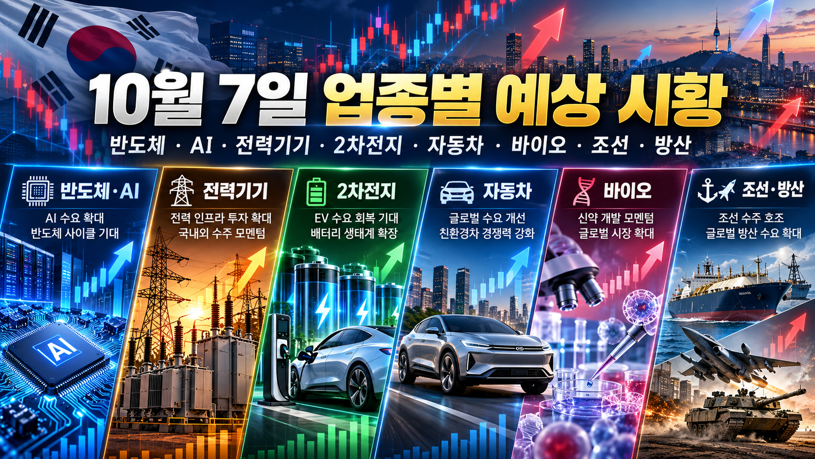 반도체 AI 전력기기 2차전지 자동차 바이오 조선 방산 등 10월 7일 업종별 예상 시황