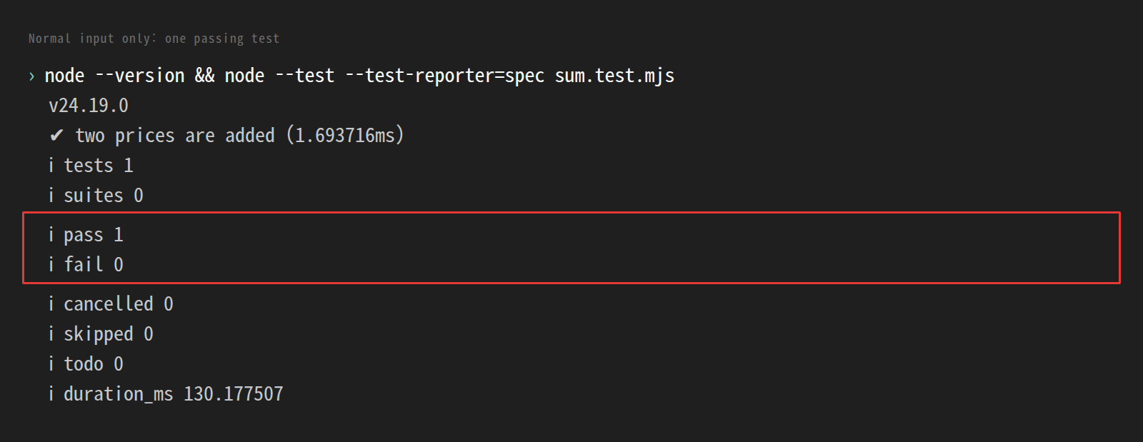 Node.js v24.19.0에서 정상 가격 목록 테스트 한 개가 통과한 실제 출력