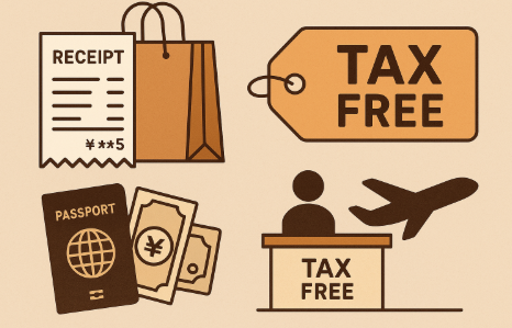 일본 쇼핑 영수증과 Tax Free 환급 서류, 여권과 쇼핑백이 놓인 모습