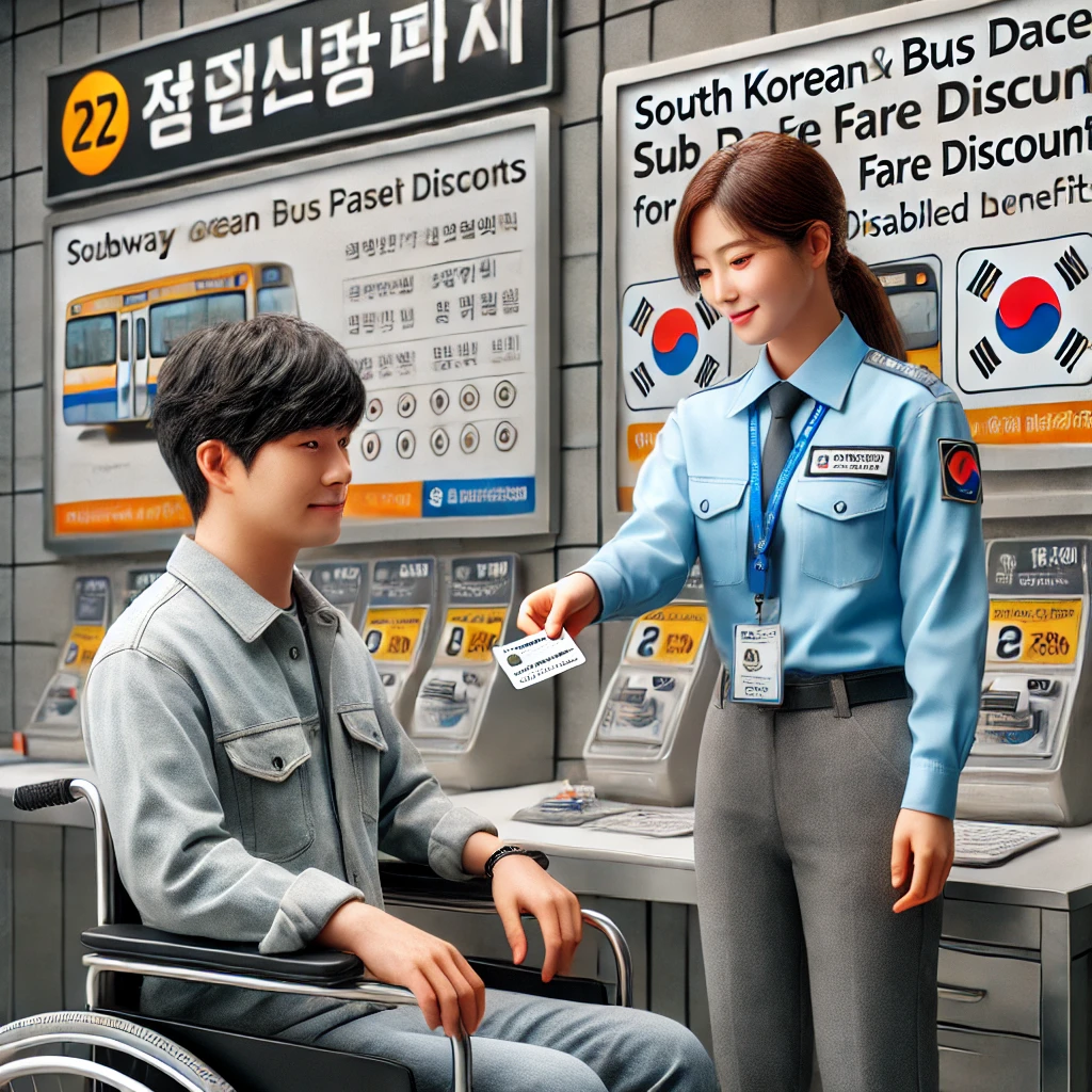 교통 서비스 센터에서 장애인이 할인 교통카드를 발급받는 장면.