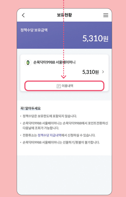 손목닥터 9988 포인트 사용 (서울페이 전환 방법)과 관련된 서울페이 사용하는 과정설명 중 일부 화면 캡처