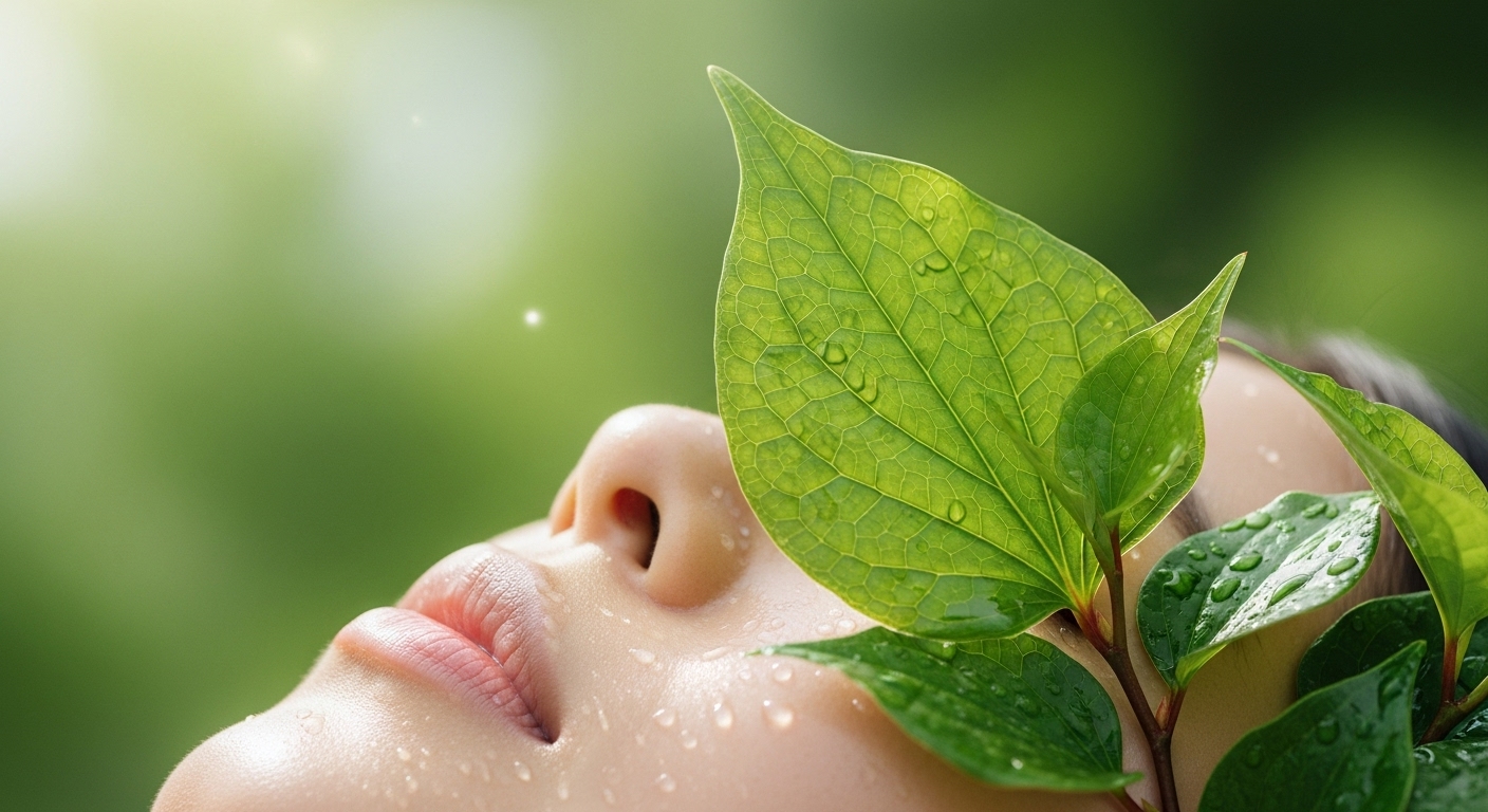 푸른 어성초 잎에 둘러싸여 건강하게 빛나는 피부 클로즈업 이미지. 피부 장벽 강화와 면역력 증진을 상징합니다.