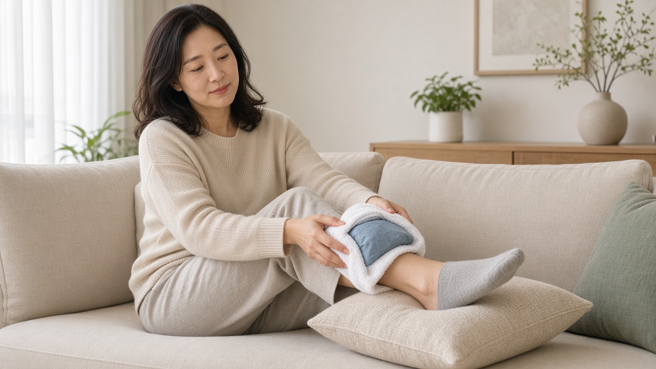 거실 소파에 앉아 수건으로 감싼 냉찜질팩을 발목에 대고 있는 30대 한국인 여성